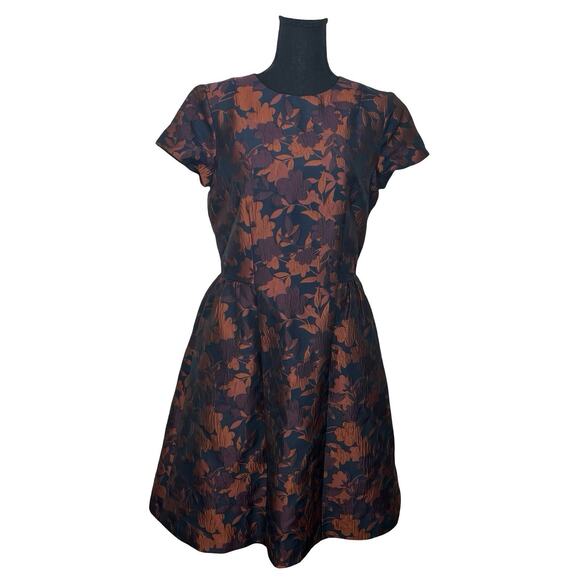 Brooks Brothers Bronze & Blue Floral Fit Flare Jacquard Dress Size 8 - Picture 1 of 15